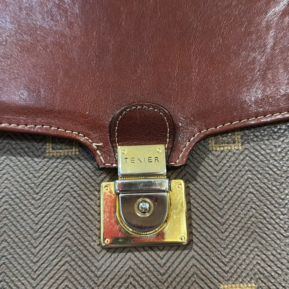 Vintage Texier Brown leather Italian briefcase laptop travel bag man-purse gold